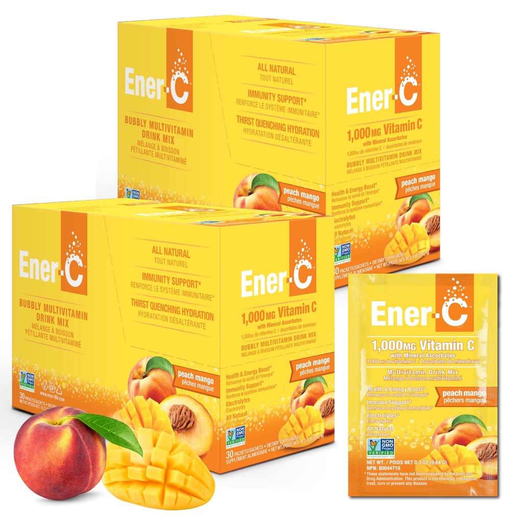 Mezcla de bebidas multivitamínicas ener-C - Packets de vitaminas para agua, paquetes de pólvora de electrolitos, mezcla de vitaminas, mezcla de líquido hidratante, boóster inmune para adultos, energía sana - mango de durazno, 60 conde