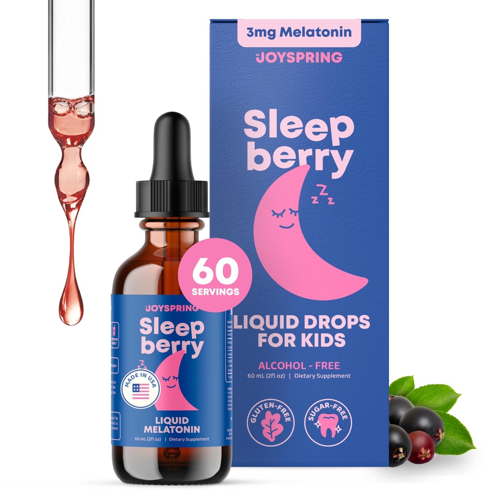 JoySpring Sleepberry Kids Melatonin 3 mg – Liquid Sleep Aid with L Theanine, High Absorption Berry Drops (2 fl oz) 60 Servings, Children's Melatonin with Vitamin D Kids Travel Essentials