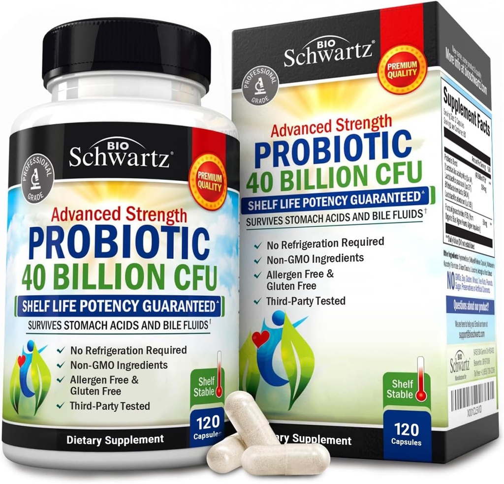 BioSchwartz Suplemento Nutricional Probiótico diario - 40 millones de CFU para la Salud Gut - Probióticos para Hombres y Mujeres - Salud Digestiva con Astragalus & Lactobacillus - Establo Stable - 120 Conde