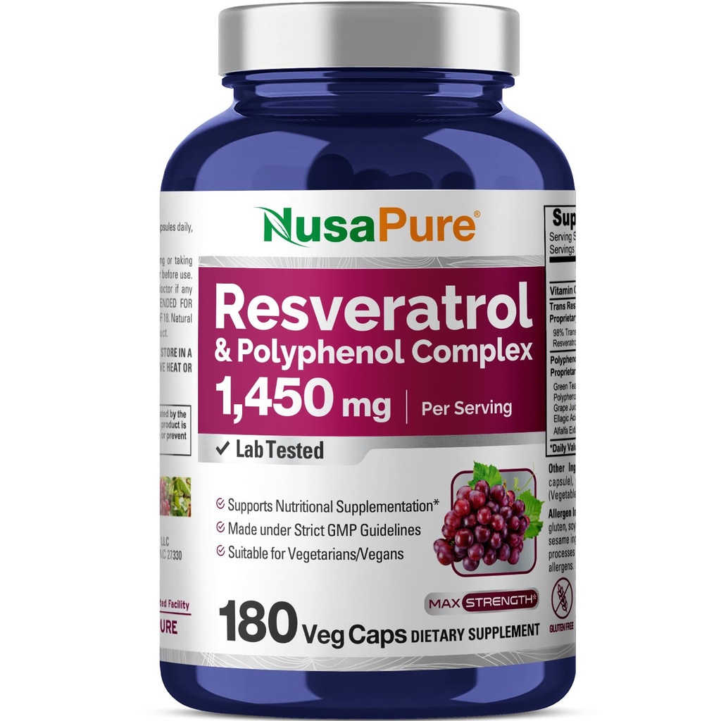NusaPure Resveratrol &amp; Polyphenol Complex 1450mg 180 Vegetarian Caps (No-GMO, Vegan) Vitamina C