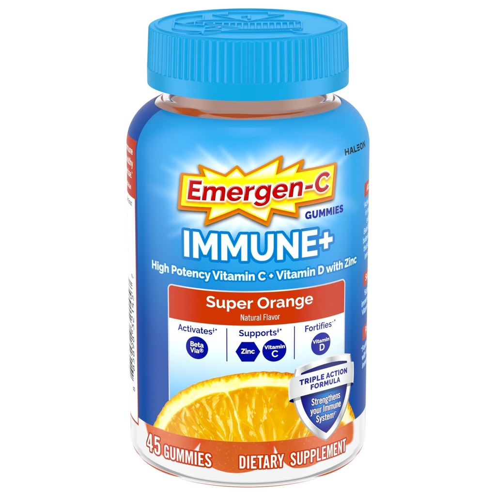 Emergen-C Immune+ Triple Action Immune Support Gummies, BetaVia (R), 1000mg Vitamina C, B Vitaminas, Vitamina D y Antioxidantes, Super Orange - 45 Condes