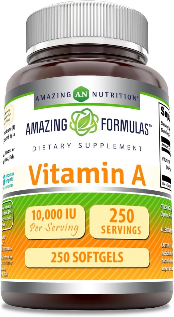 Fórmulas asombrosas Vitamina A 10000 UI Suplemento TENIDO como Retinyl Palmitate TEN 3000 Mcg TENIDO Softgels TENIDO NO-GMO TENIDO Gluten Free TEN Made in USA (1 Pack, 250 Cuenta)