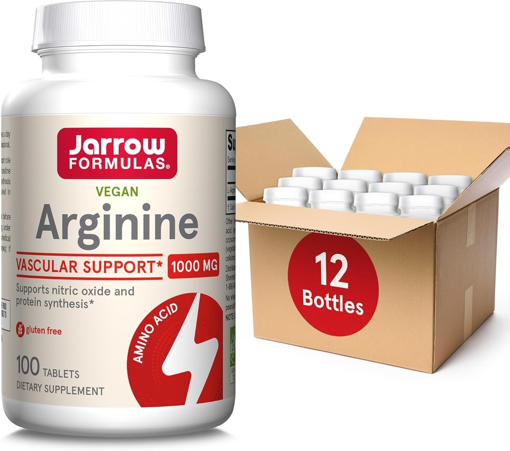 Fórmulas de Jarrow Arginina 1000 mg, Suplemento dietético, soporta la producción de óxido nítrico, soporta la síntesis de proteínas, 100 Tabletas, hasta 100 Day Supply (Pack of 12)
