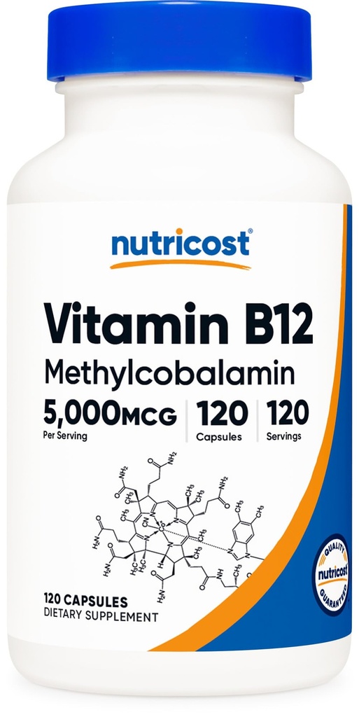 Nutricost Vitamina B12 (Methylcobalamin) 5000mcg, 120 cápsulas - cápsulas vegetarianas, no GMO, Gluten Suplemento B12