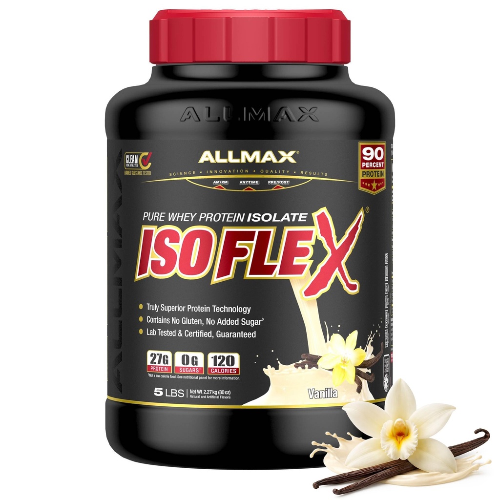 ALLMAX Nutrition - ISOFLEX Whey Protein Powder, Whey Protein Isolate, 27g Protein, Vanilla, 5 libras