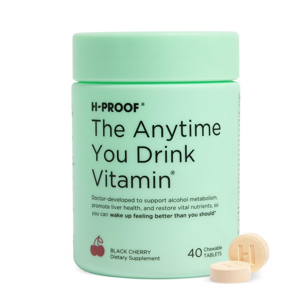 H-PROOF El tiempo que usted bebe Vitamina, Salud del hígado &amp; Immunity Support with Electrolytes, Milk Thistle, and Vitamins B &amp; C - 40 Chewable Tablets (20 Servings), Vegan, Cereza Negra