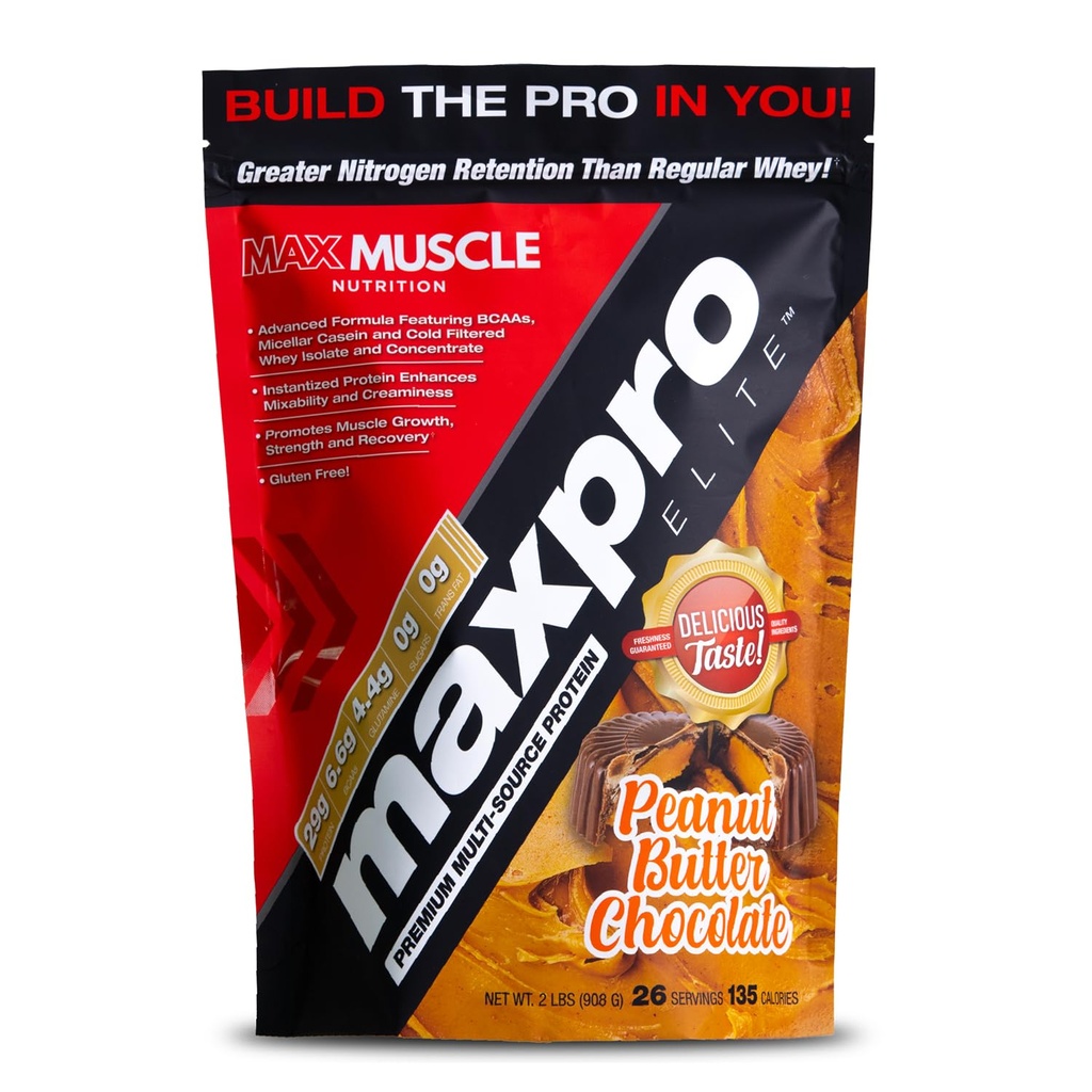 Max Muscle Maxpro Elite Whey Protein Powder ← 30g Protein Silencio 0g Sugar  6.6g BCAAs ← Micellar Casein Cold Filtrado Whey Isolate Protein ← Promueve el crecimiento muscular y la recuperación (PB Chocolate, 2lb)