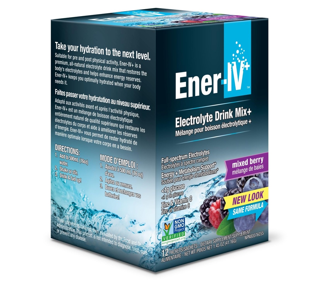 Ener-IV Electrolyte Hydration " Energy Drink Potassium Vitamin C " Zinc Electrolytes Powder Packets - Muscle Recovery " Immunity Sports Drinks for Women " Men Low Sugar Vegan, Mixed Berry - 12 Count