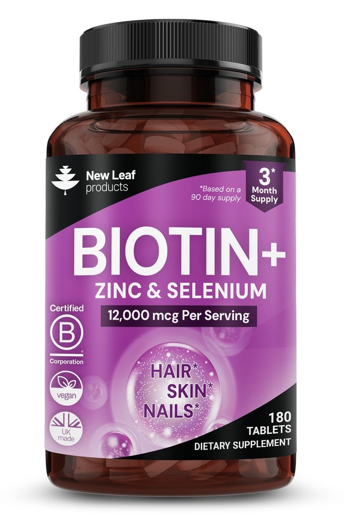 Biotin Hair Growth Vitamins 12000mcg High Strength with Coconut Oil - Promotes Healthy Hair Skin &amp; Nails - Biotin Vitamins for Women adulto Hombre Vegan, Gluten Free Supplements - Made in The UK by New Leaf