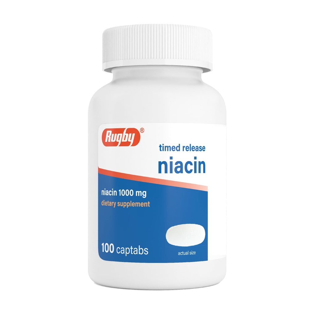 Rugby Timed-Release Niacin 1000mg Suplemento dietético para Adultos por Energía, Circulación y Metabolismo Apoyo, 100 Captabs (Pack of 1)