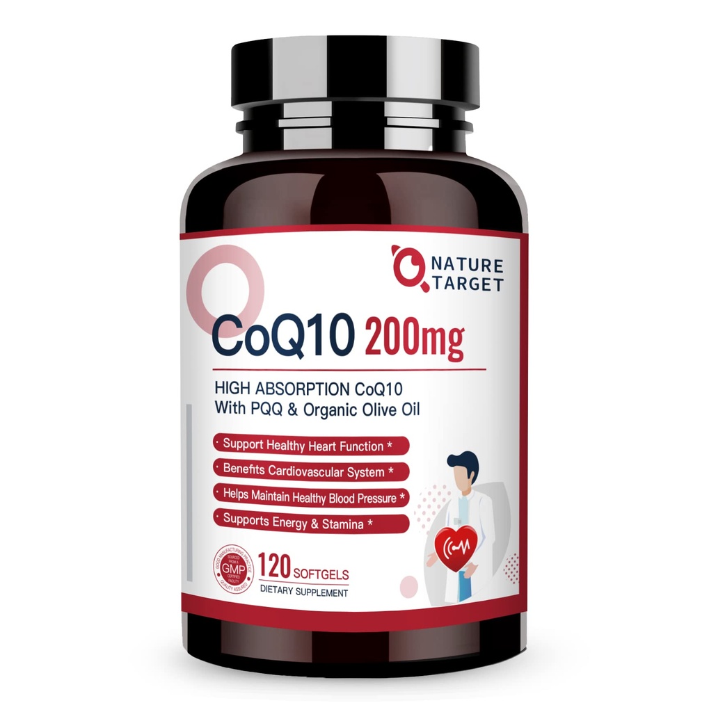 NATURE TARGET CoQ10-200mg-Softgels + PQQ con Orgánica-Olive-Oil - Alta Absorción-Coenzime-Q10 - Antioxidante-por-Heart-Health y Apoyo Inmunitario, Producción Energética, 120 Servimientos