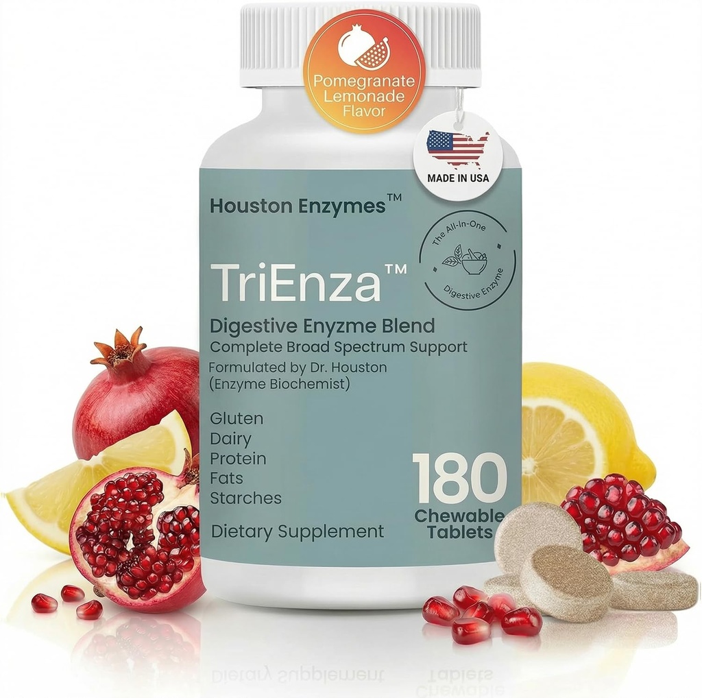 Houston Enzymes TriEnza - Suplemento Digestivo Enzyme para Gluten, Casein, Soy, Proteínas, Carbohidratos, Fats & Polyphenols - Enzymes Digestivos para Hombres Mujer (180 Tabletas Chewable)