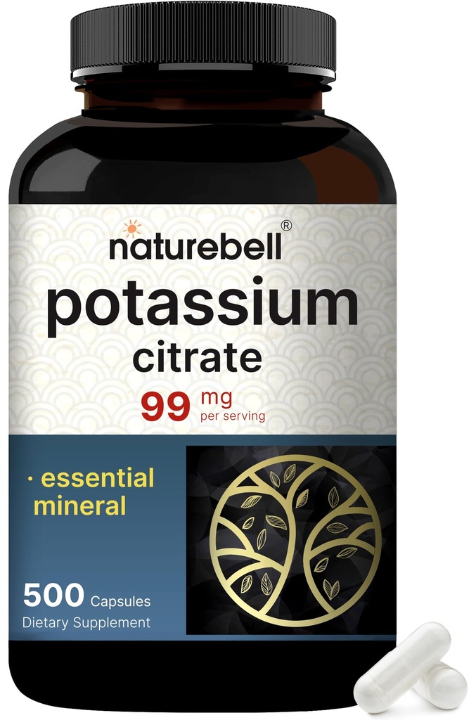 Suplemento de Citrato de Potasio 99mg, 500 cápsulas vivieron de forma fácil Absorbida – Balance Electrolílito Mineral Esencial – apoya el músculo, el hueso, la salud cardíaca – No GMO