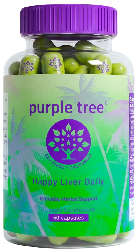 árbol morado Happy Liver Daily ← Liver Support &amp; Cleanse with Milk Thistle 80% Silymarin, Dandelion Root, Artichoke Leaf, Vine Tea DHM, Vitaminas &amp; Más - 60 Liver Detox Veggie Pills