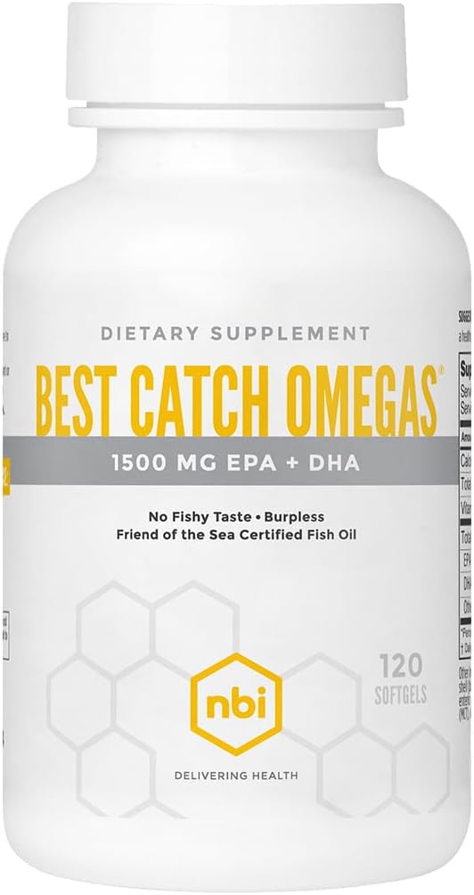 NBI Best Catch Omegas High Potency Omega-3 Silencio EPA + DHA for Heart, Brain Support Silencio Best Absorption Silencio Sosteniblemente Fuented ← Burpless Fórmula ← Natural Lemon Scent  120 Softgel Capsules