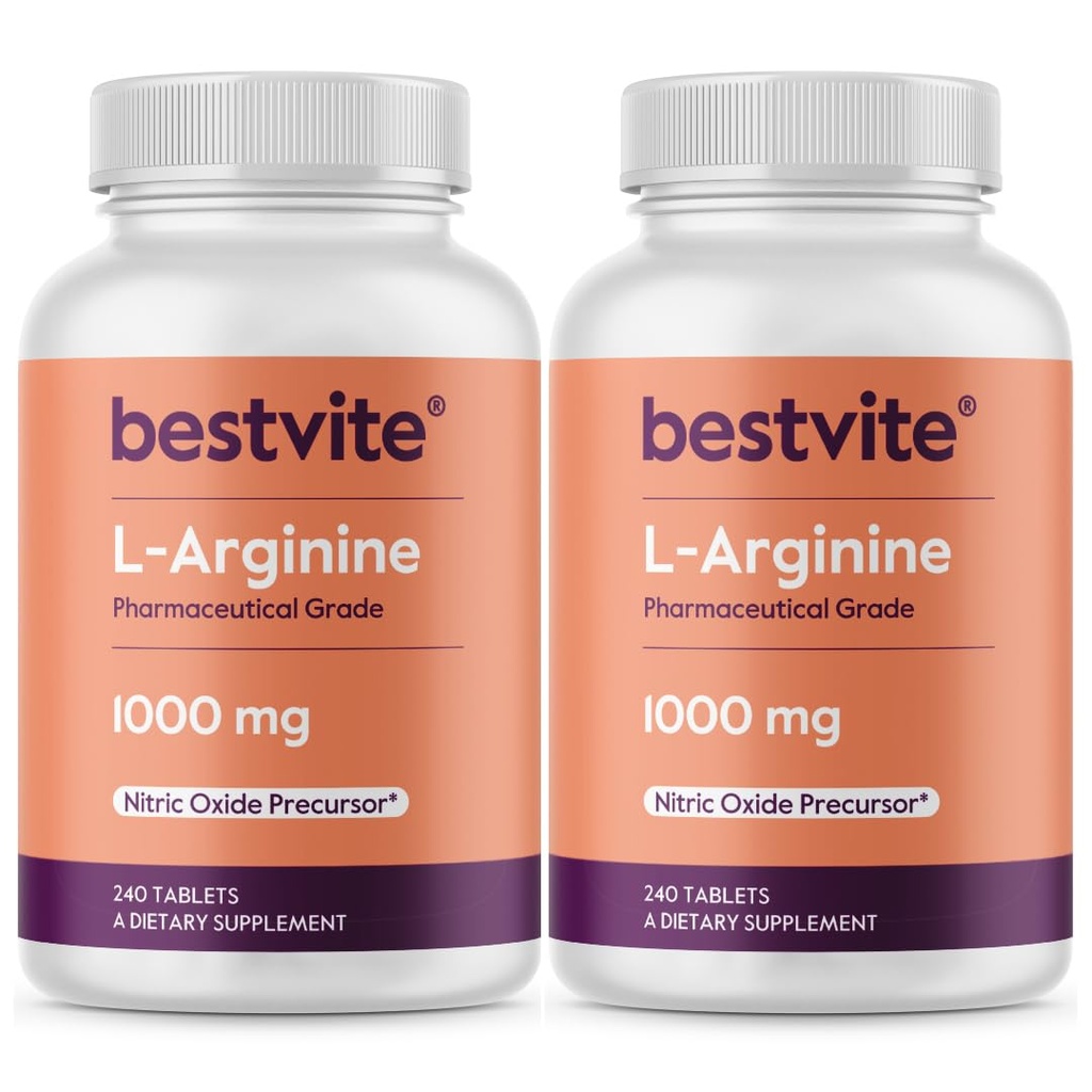 BESTVITE L-Arginine 1000mg por Tablet (480 Tablets) (240 x 2) – Grado farmacéutico – Contiene 20% más Arginina pura Comparada con Arginina HCl – Precursor de óxido nítrico*