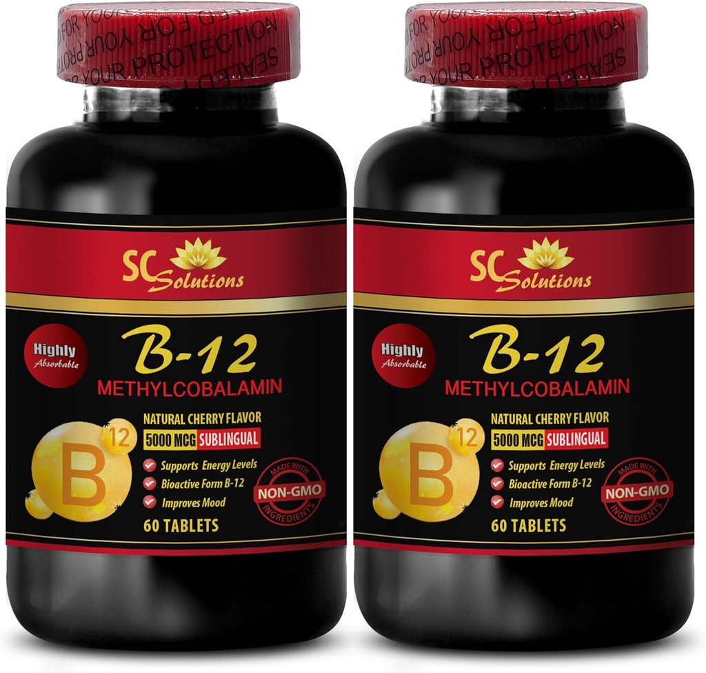 b12 Vitaminas 5000 mcg - METHYLCOBALAMIN Vitamina B-12 5000 - Deportes Nutrición Resistencia, Booster Energético, Suplementos Energéticos para Hombres Más de 50, Vitamina b 12, Suplementos de Apoyo a la Esquía - 2 Botellas 120 Tabl
