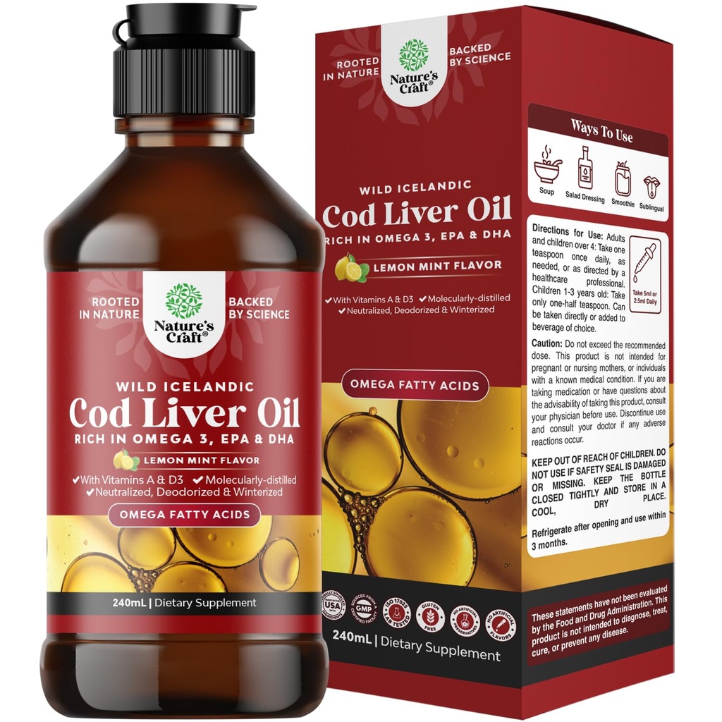 Islandia Wild Caught Cod Liver Oil Liquid - Fish Oil Drops with Omega 3, EPA, DHA, Vitamin D &amp; A - Liquid Cod Liver Supplement for Heart, Joint, Brain & Immune Support - 240 ml (8 onzas)