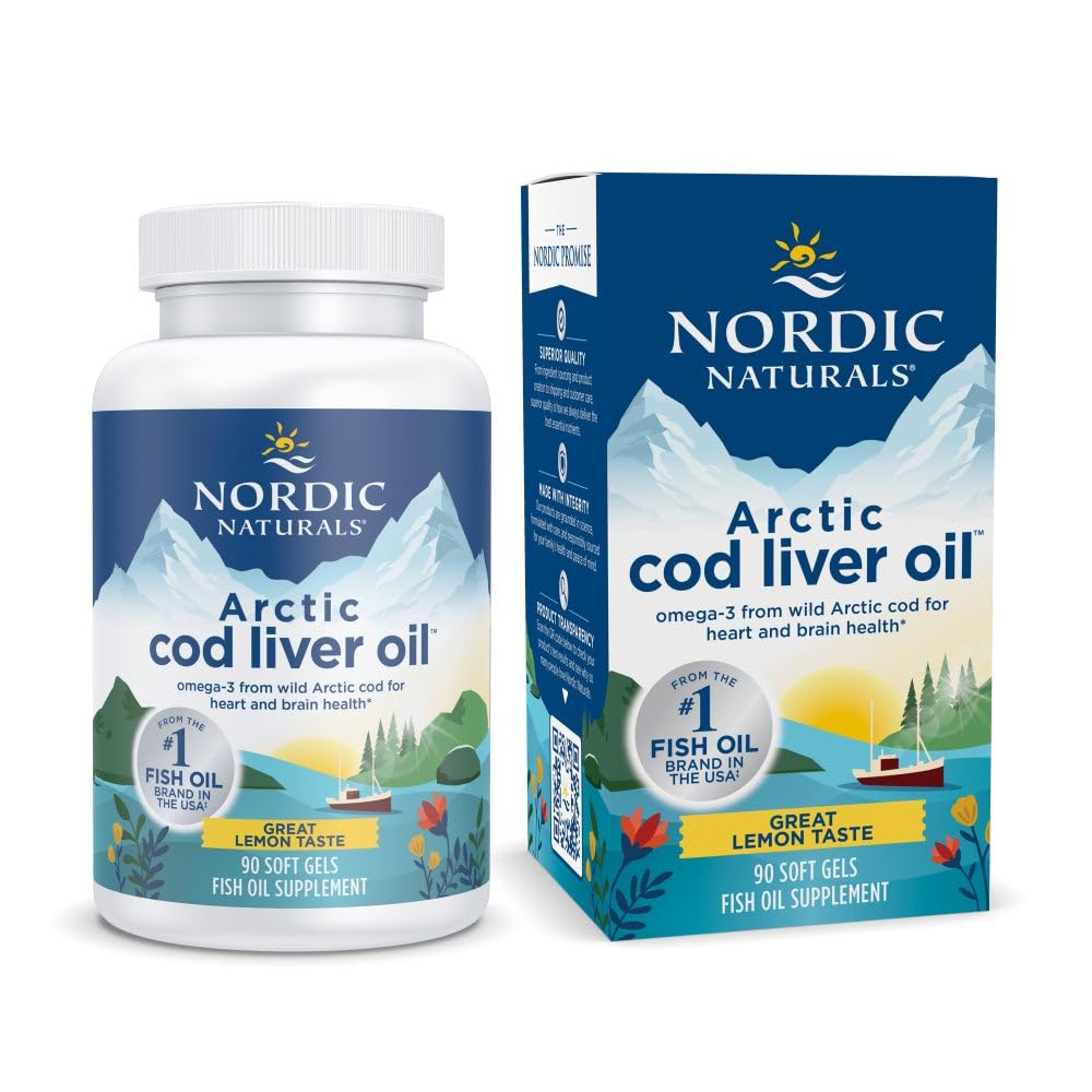 Naturales nórdicos Aceite de hígado de bacalao, limón - 90 geles blandos - 750 mg Total Omega-3 con EPA &amp; DHA - Corazón &amp; Salud cerebral, Inmunidad saludable, Bienestar general - No GMO - 30 Actuaciones