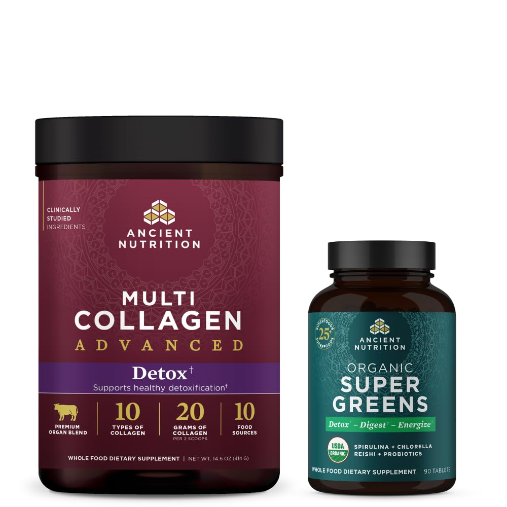 Antigua Nutrición Multi Collagen Advanced Powder Cleanse & Detox, Deflavored, 36 Servings + Organic Super Greens Tablet 90 Count