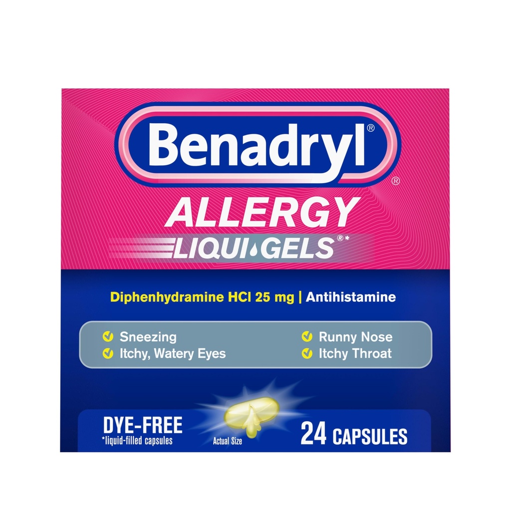 Benadryl Liqui-Gels Allergy Medicine, Dye-Free Líquido Gel capsules con 25 mg de Diphenhydramine HCl Antihistamine para el alivio de la alergia &amp; síntomas fríos como Runny Nose &amp; Sneezing, 24 ct