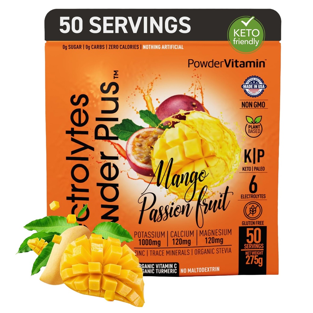 PowderVitamin Electrolytes Powder Plus (50 Servings) Mango Passionfruit Electrolyte Powder Zero Calorie Keto, 0 Azúcar, Sin Maltodextrin,1000mg Potasio,120mg Calcio,120mg Magnesio, Hidratación Polvo