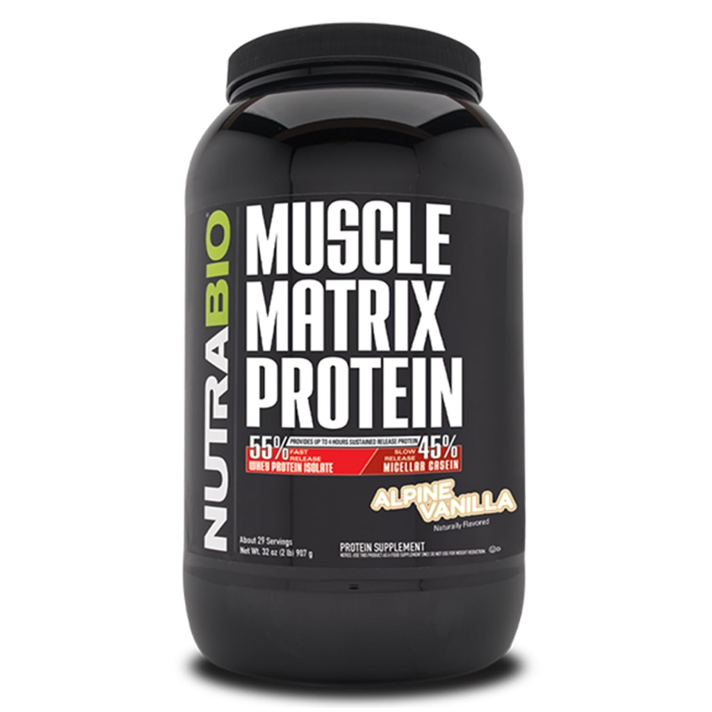 NutraBio Muscle Matrix Protein Powder - 25g of Protein Per Scoop - Whey Isolate and Micellar Casein Combo for Fast and Slow Release - Vanilla - 2 libras, 28 piezas