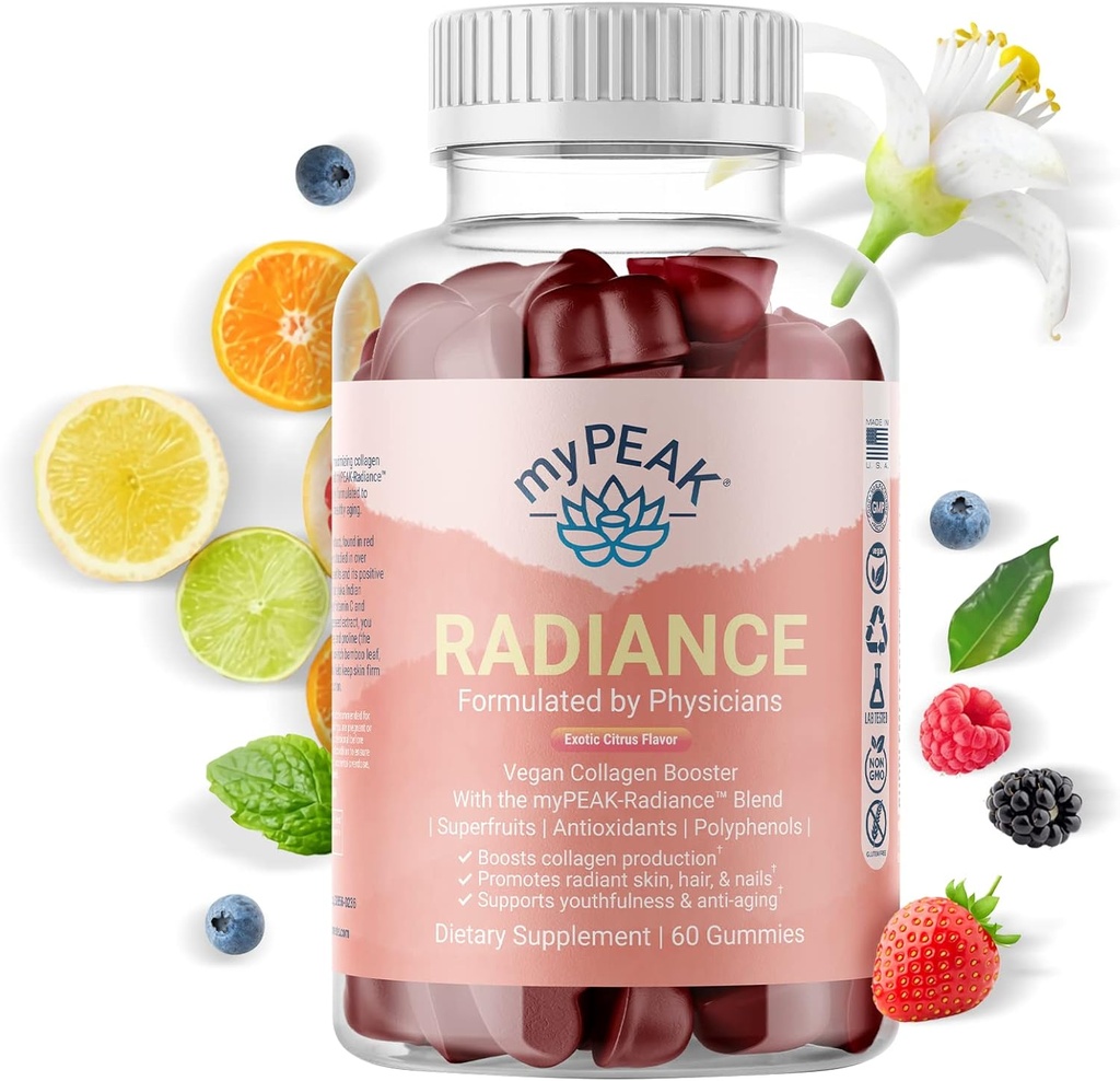 myPEAK Radiance Vegan Collagen Booster y Superfruit Gummies, Collagen Suplementos con Superfruits y Nutrientes de Habilidad, Skin y uñas Vitaminas para la Belleza, 60 Gummies