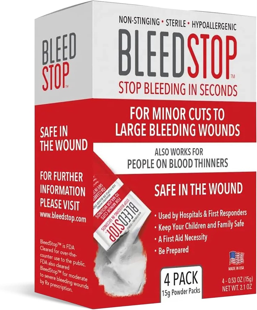 BleedStopTM First Aid Powder for Blood Clotting, Trauma Kit, Blood Thinner Patients, Camping Safety, and Survival Equipment for Moderate to Severe Bleeding Wounds or Nosebleeds - 4 (15g) Pouches