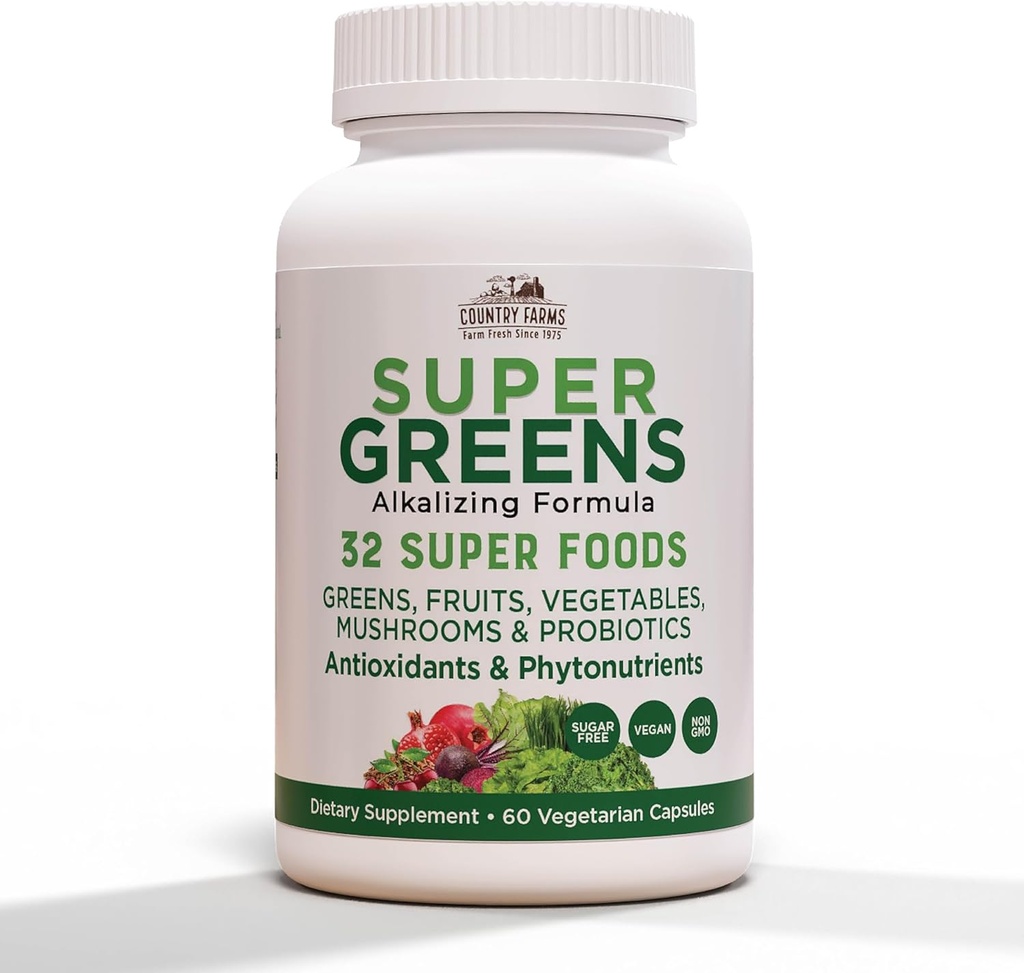 COUNTRY FARMS Super Greens Vegicaps, 32 Super Foods, Whole Food Supplement, Greens, Fruit, Vegetables, Mushrooms & Probiotics, Rich in Antioxidants & Phytonutrients, 120 Cuenta, 60 Servings