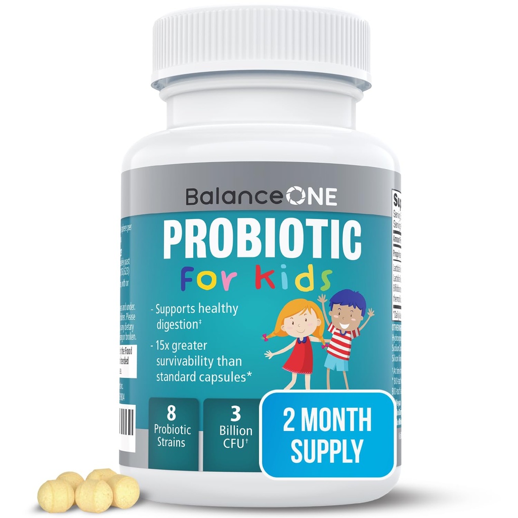 Balance ONE Probiótico para niños de liberación del tiempo – hasta 15 veces mejor supervivencia – 3 millones de CFU – Gut &amp; Digestive Support for Children – Sugar Free, Easy to Swallow, 2 meses de suministro
