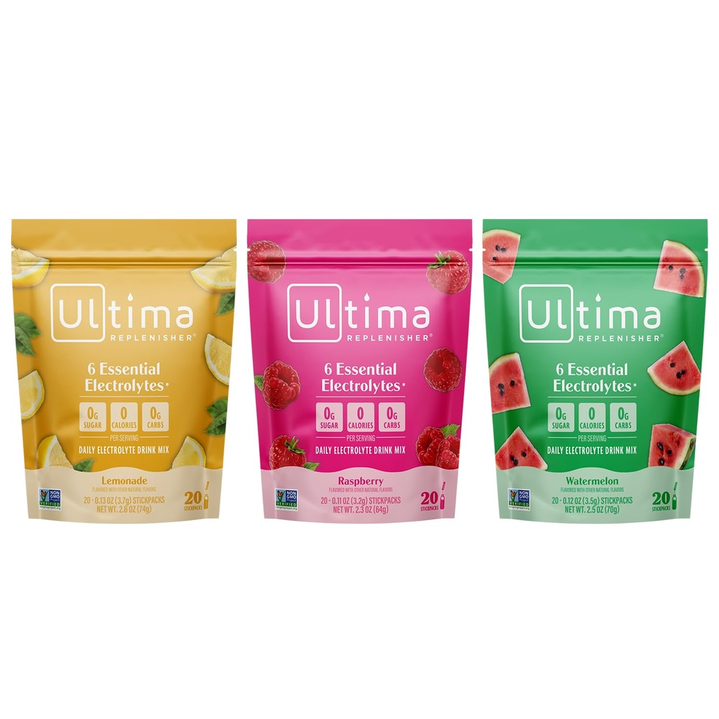 Ultima Replenisher Electrolyte Powder Drink Mix Bundle – Sugar Free – Lemonade y Raspberry y Watermelon, 20 Stickpacks – 6 Electrolytes y Minerales – Keto Friendly, Vegan, Non-GMO