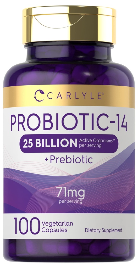 Probióticos de Carlyle para Hombres y Mujeres TENIENDO 25 Billones CFU TENIDO CON Prebióticos TENIDO 100 Capsules TEN VENTA Vegetariano, No GMO, &amp; Gluten Suplemento Libre