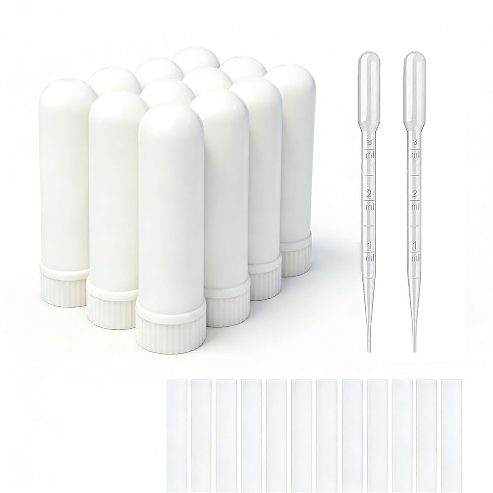 12 conjuntos Aromaterapia Aceite Esencial Tubos Inhaladores Nasal Blank(12 palos completos) + 2 gotas de polietileno Pipette
