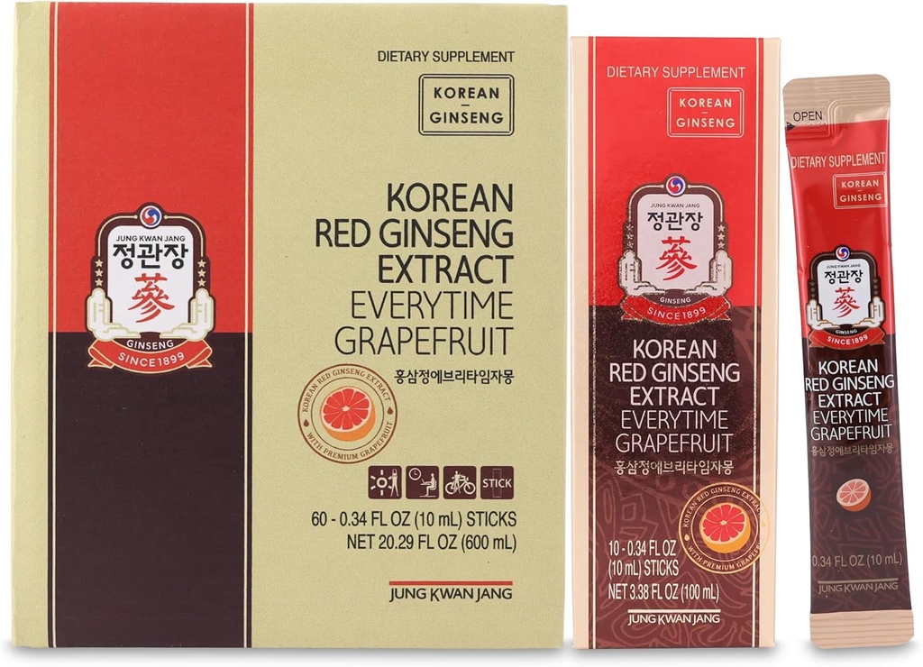 JUNG KWAN JANG Korean Red Ginseng Extract Everytime Grapefruit 1000mg Silencio Ginseng Supplement, Enegy Supplement, Korean Food ← Caffeine Free, Gluten Free, Boost Energy, Antioxidant  60 Count