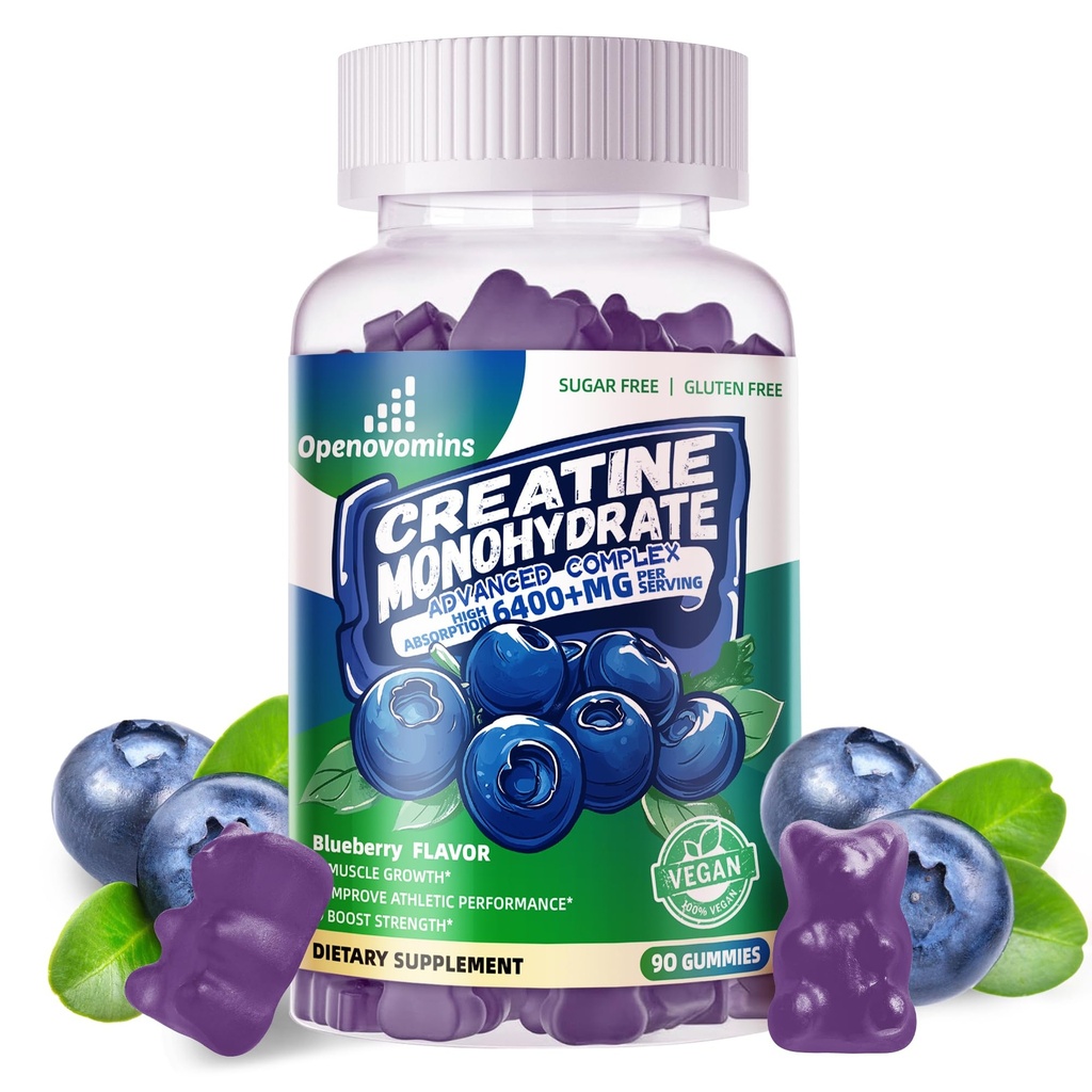 Complejo de Gummies de Monohidrato de Creatina para Hombres y Mujeres -Fórmula avanzada W/L-Taurina + Vitamina B12, Sugar suplemento Chewable Libre,90 Blueberry Gummies