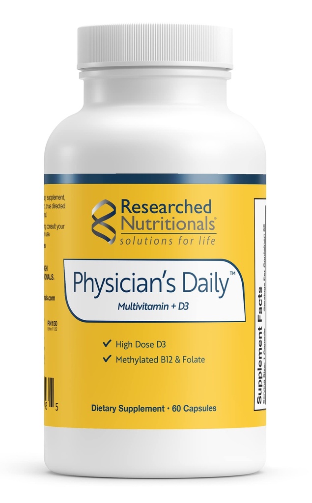 Nutriciones investigadas Suplemento diario + D3 de Physician - Multivitamina diaria para hombres y mujeres con vitamina D3 2000iu, vitamina B12, vitamina B6 + folato metalado (60 cápsulas)