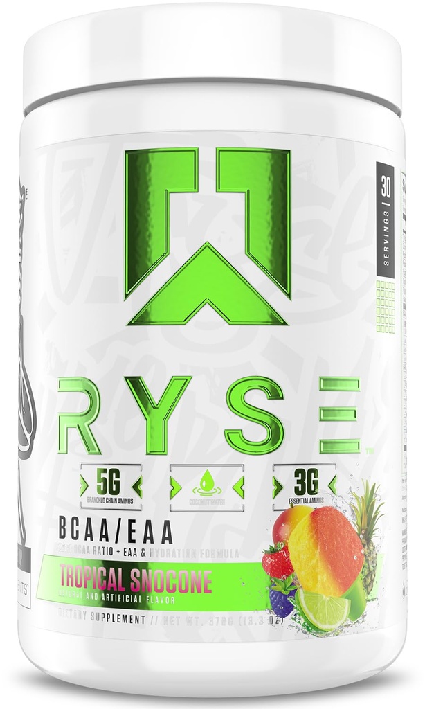 RYSE BCAA EAA Powder - Snocone tropical - 5g Aminoácidos de cadena ramificados, 3g Aminos esenciales, electrolitos libres de azúcar para la recuperación del músculo pre &amp; post entrenamiento, hidratación y fuerza - 30 servicios