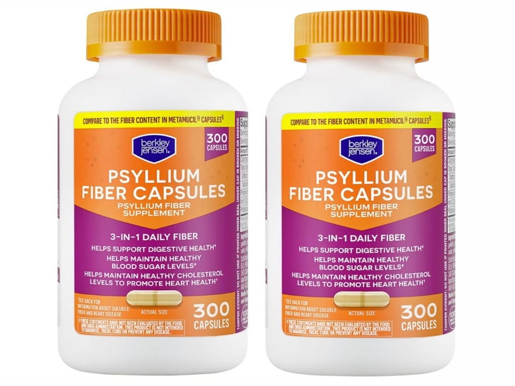 Berekley Jensen Daily Psyllium Husk Suplemento (600 - Conde), Fibra Natural para Hombres y Mujeres - Fibra cápsulas para la salud digestiva general, Easing Constipation, Aiding Nutrient Absorption, Made in USA