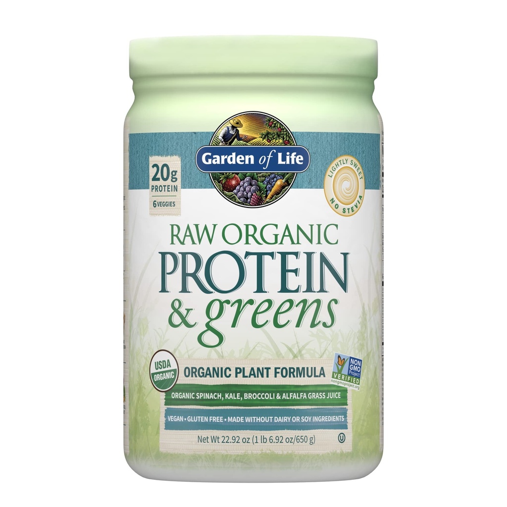 Jardín de la vida Proteína orgánica cruda &amp; Verdes Ligeramente dulce, pólvora de proteínas veganas para mujeres y hombres, planta y guisante de guisantes, verdes, probióticos, afeitada de baja carga sin lácteos 20