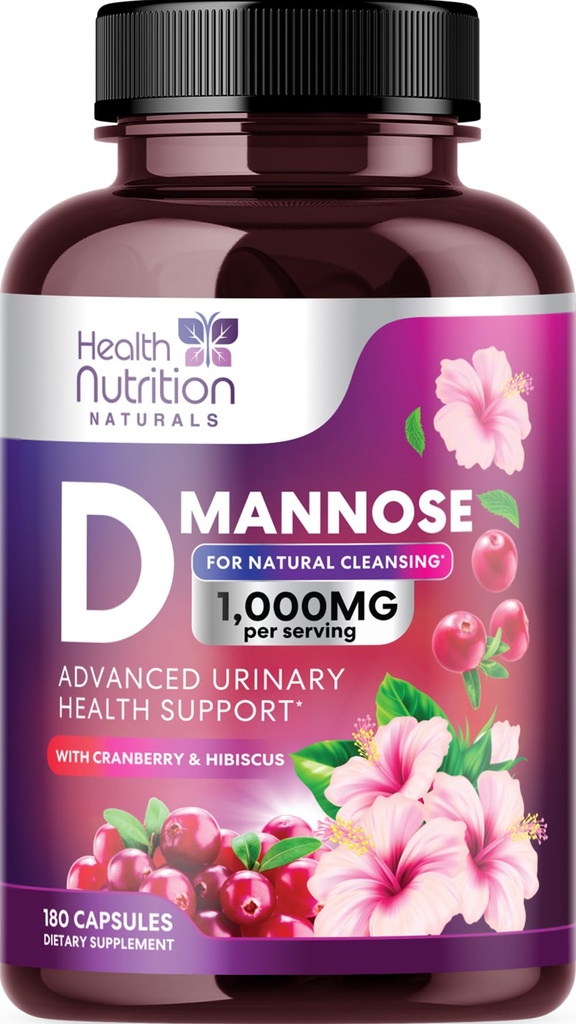 D-Mannose Suplemento 1,350 mg - con arándano, Hibiscus &amp; Dandelion - Acción rápida, Natural Urinary Tract &amp; Bladder Support for Women &amp; Men – Flush &amp; Cleanse Impurities – Non-GMO, Vegan – 180 cápsulas