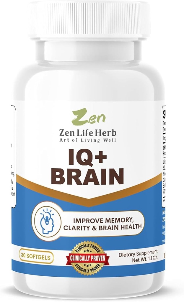 ZEN LIFE HERB IQ+ Cerebro - Caffeine-Free, Clinically Tested Focus, Concentration, Memory & Energy, Natural Plant-Based Herbal Suplemento, No Añadido Vitaminas/Minerales/Mushroom/Sugar (30 Softgels)