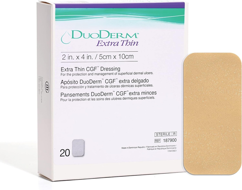 ConvaTec DuoDERM Extra Thin Control Gel Fórmula 2"x4" Hydrocolloid Sterile Adhesive Dressing for Superficial Wounds, Low Friction, Flexibile, Latex-Free, Waterproof, Rectangle, Beige, 20ct Box
