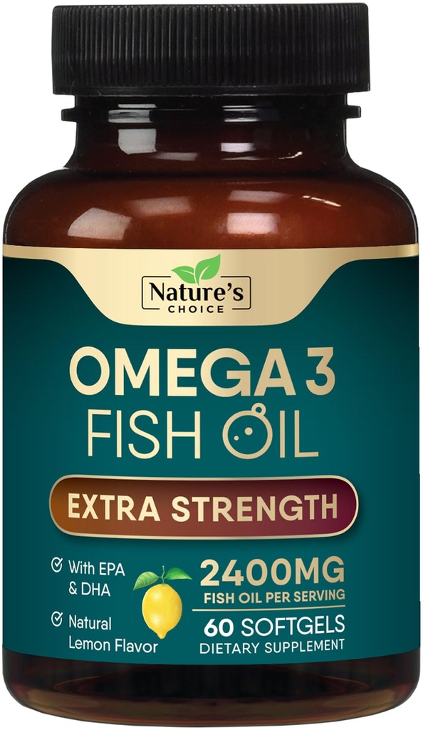 Omega 3 Fish Oil Suplemento 2400 mg - Triple Strength EPA & DHA Fish Oil Omega 3, Essential Fatty Acids Suplemento Softgels, Brain & Heart Health Support Suplementos, Gluten Free Non-GMO, 60 Softgels