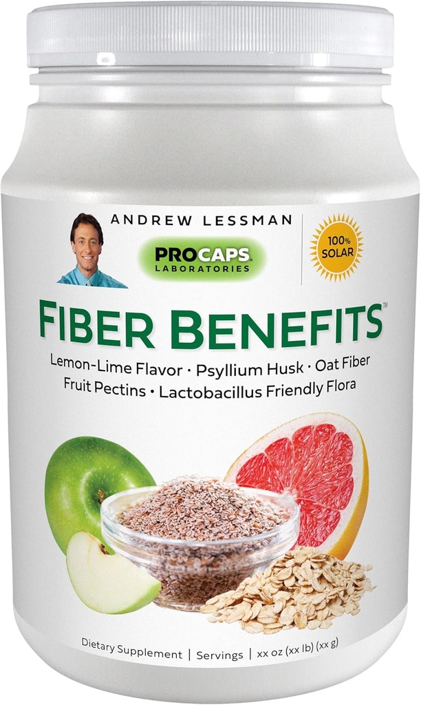 ANDREW LESSMAN Fiber Benefits Powder 60 Servings - Lemon-Lime, Gentle, Natural Soluble/Insoluble Fiber, Promotes Regularity, Cleansing. Psyllium Husk, Oat, Apple, Grapefruit, Guar Gum, Probiotics