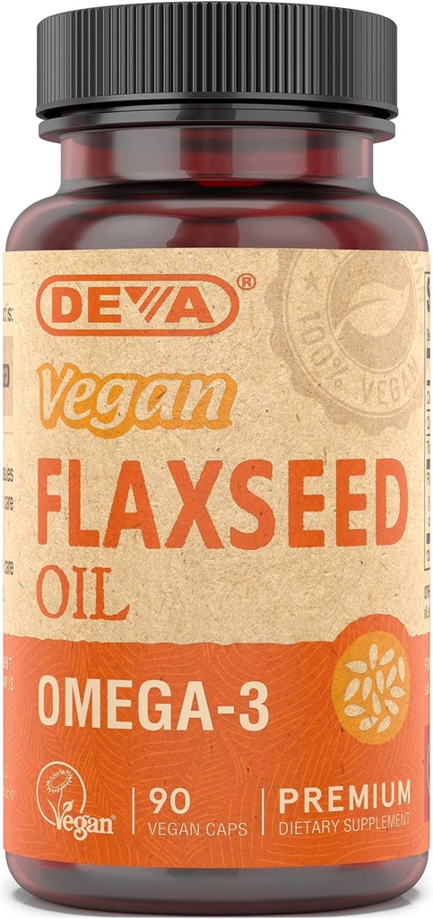 Deva Vegan Omega-3 Flaxseed Oil Supplement - 1000 MG Por Serving - Cold-Presed ' Unrefined - Alternativa de aceite de pescado - con Omega-3 ALA - 90 cápsulas, 1-Pack