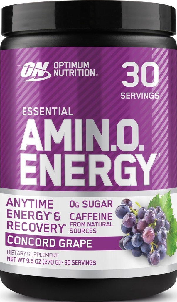 Optimum Nutrition Amino Energy - Pre Workout with Green Tea, BCAA, Amino Acids, Keto Friendly, Green Coffee Extract, Energy Powder - Concord Grape, 30 Servimientos