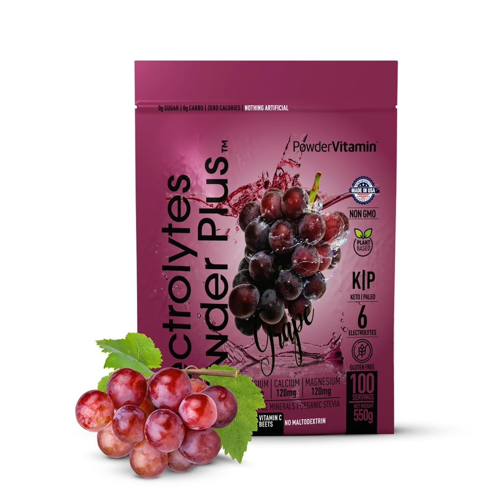 PowderVitamin Electrolytes Powder Plus (100 Servings) Grape Electrolyte Powder Zero Calorie Keto, 0 Sugar, No Maltodextrin,1000mg Potasio, 120mg Calcio,120mg Magnesio, Hidration Powder
