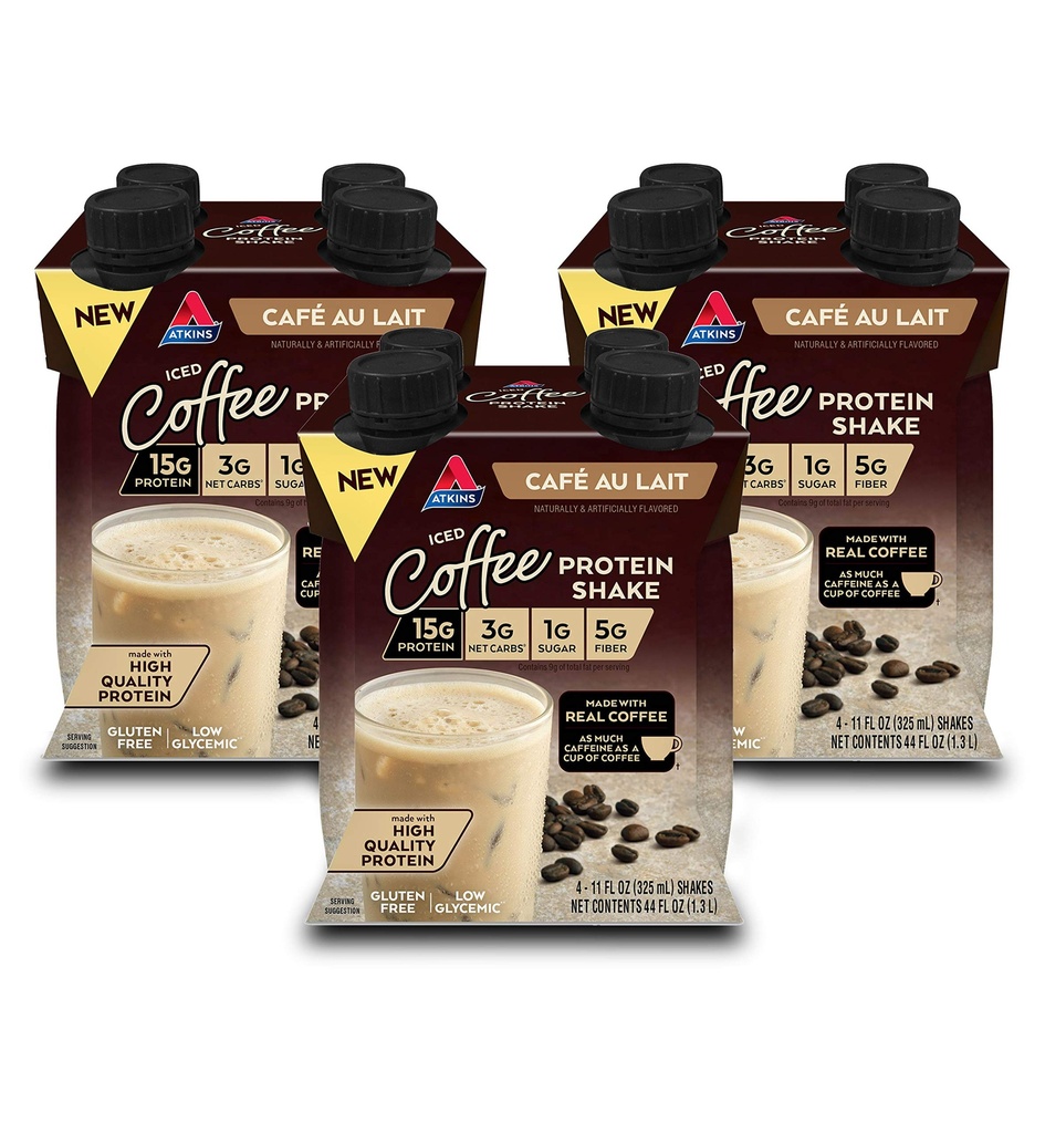 Atkins Café au Lait Iced Coffee Flavored High Protein Shake, Low Sugar and Low Carb, Keto Friendly, Ready to Drink Protein Drink, Gluten Free, 12 Count