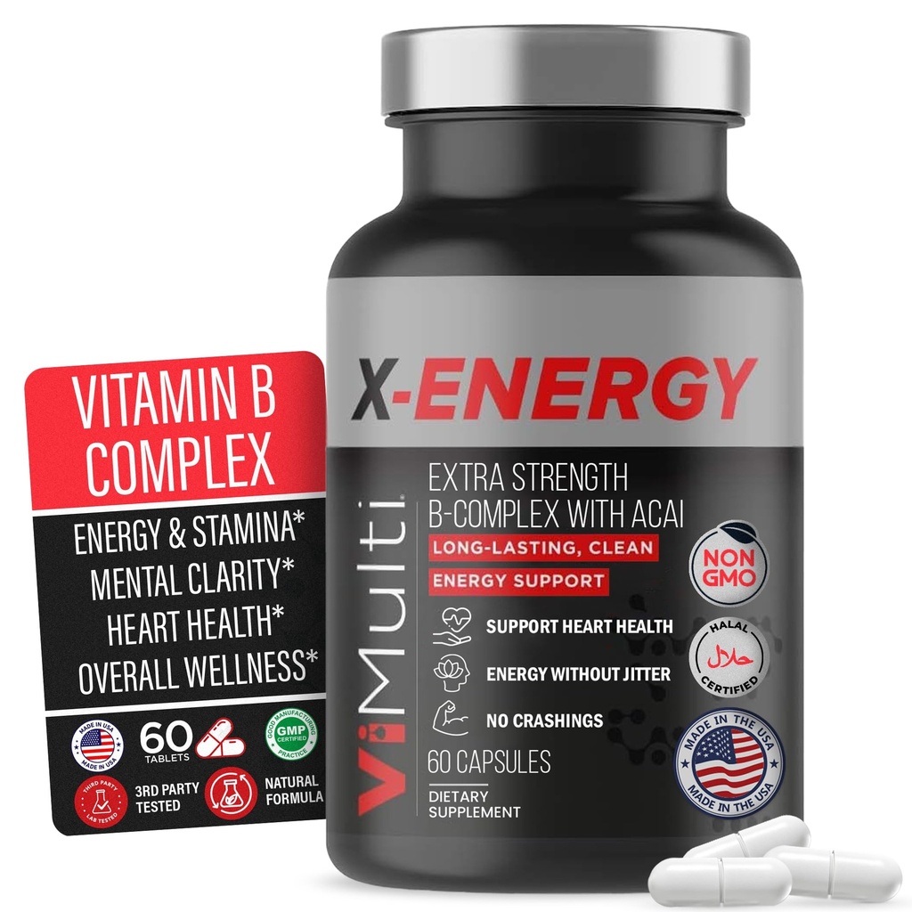 Complejo X-Energía Extra Strength B con vitamina B12 – Apoyo energético con B1, B2, B3 Niacin, B6, ácido fólico, Biotina, B5, Taurine, Ginseng, Rhodiola, Maca, Acai &amp; Spirulina – 60 cápsulas